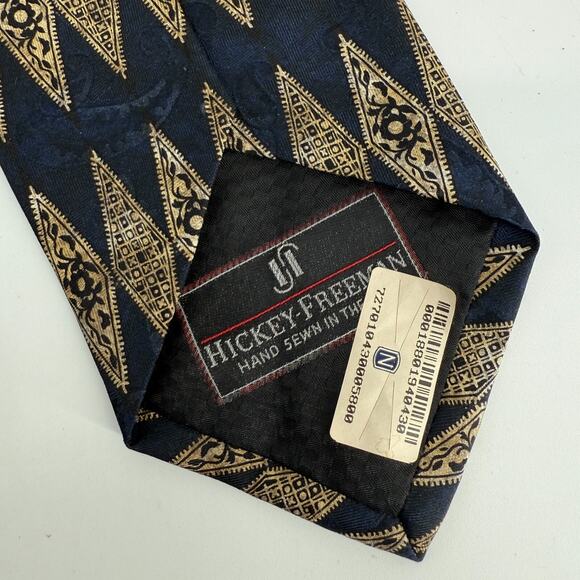 Vtg Hickey Freeman Silk Tie Paisley Baroque Italian Hand sewn Geometric 90s Gold - Picture 2 of 9